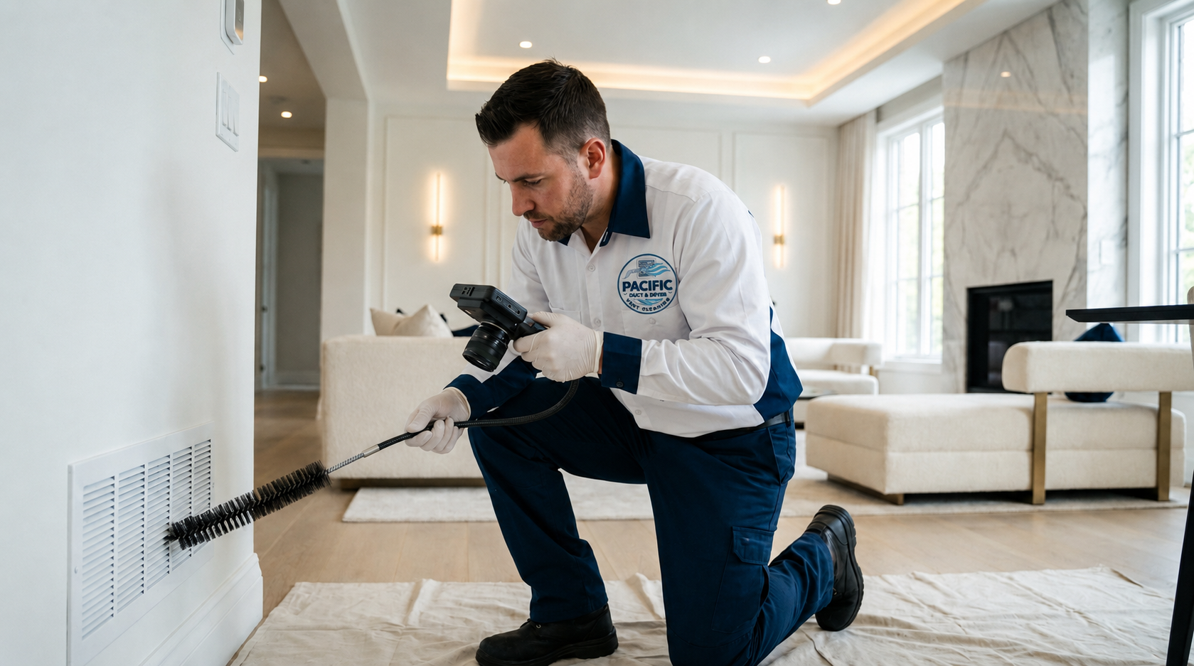 Technician cleaning an air duct vent